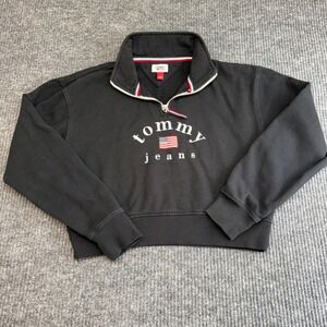 Tommy Jeans Women's Black Cropped Quarter-Zip Fleece Pullover Sweatshirt M